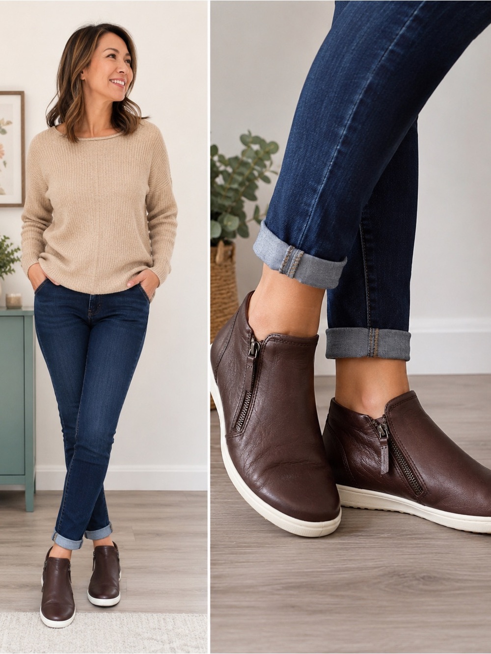 ECCO Leather Zip Ankle Booties EU 38 Brown Comfort Shoes